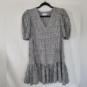 Calvin Klein puff sleeve flouncy dress V neck drop waste womens 2 gingham print